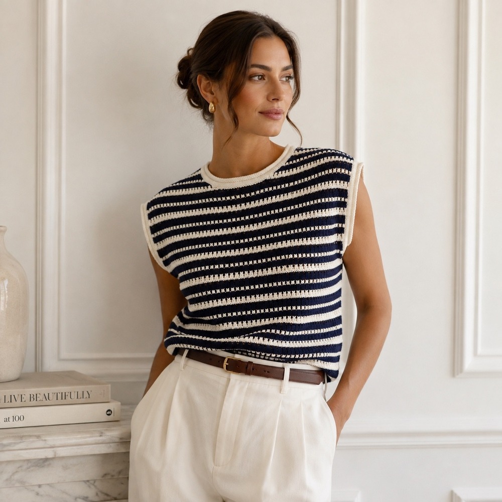 Joie Womens XS Navy White Striped 100% Linen Sequin Knit Sweater Vest Sleeveless